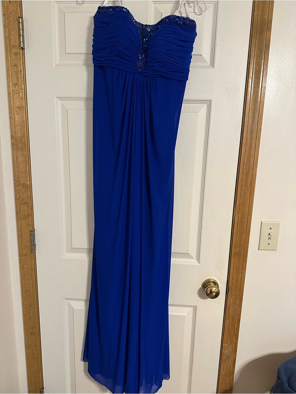 Tony Bowls Strapless Cobalt Blue Evening Gown with Beaded Trim